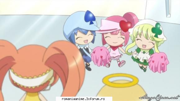 miki -blue
ran - pink
suu - green
dia - orange shugo chara